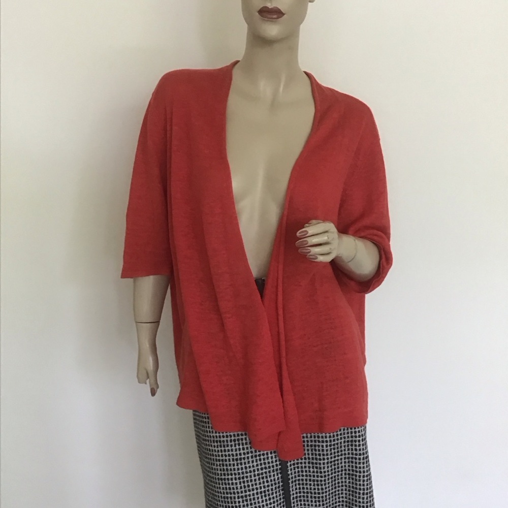 Eileen Fisher Woman Orange 100% Linen Open Front Half Sleeve Cardigan Sweater 1X